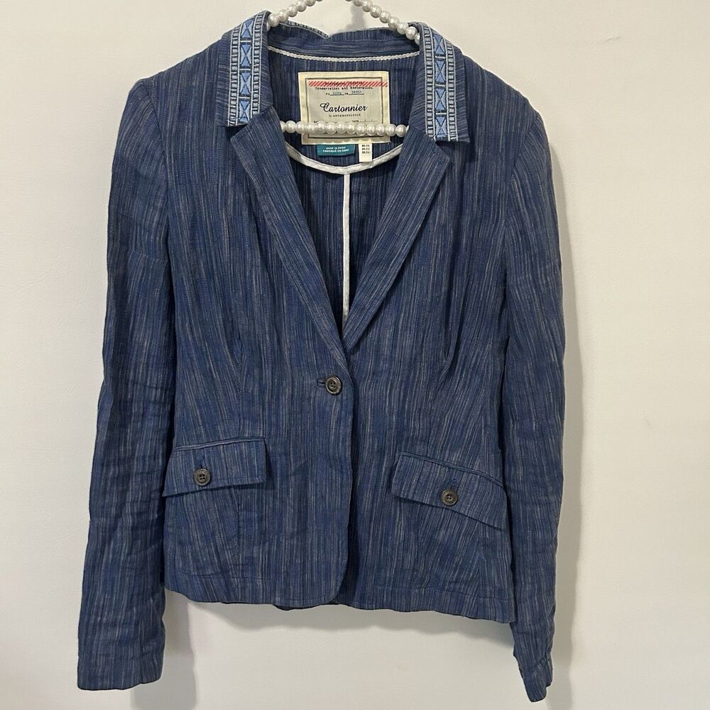 Cartonnier Anthropologie Blazer Jacket Blue Embroidery Button Boho Western